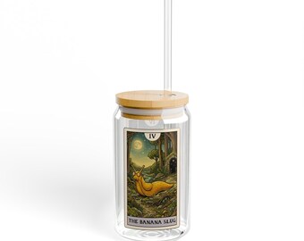 The Banana Slug Tarot Card Sipper Glass 16oz Tumbler with Lid