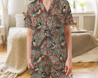 Conjunto de pijama de satén Chickadee: pijama de manga corta para amantes de las aves