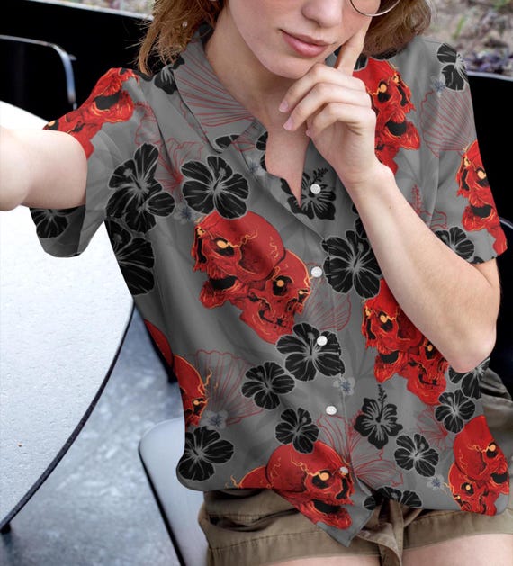 Skull Hawaiian Shirt: Screaming Skeleton Hibiscus Flower Print - Etsy