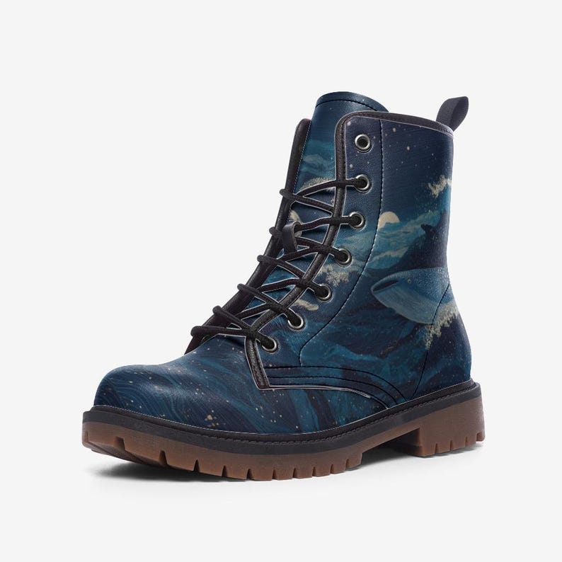 Whale Shark Blue Ocean Vegan Leather Combat Boots image 2