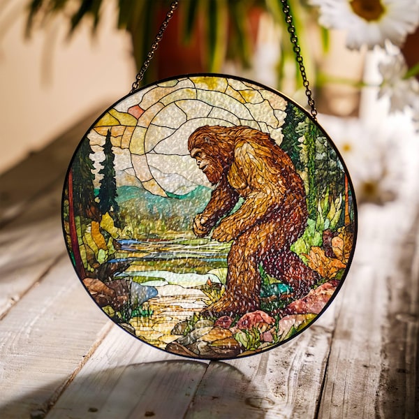 Bigfoot Stained Glass Suncatcher: Sasquatch Window Hanging
