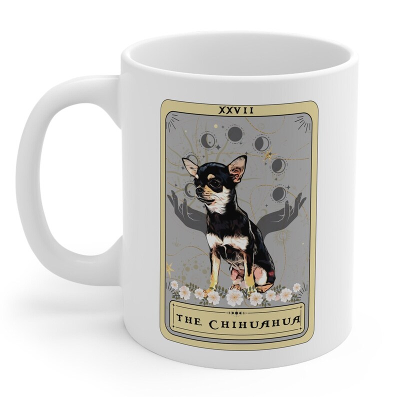 Taza de Chihuahua, taza de tarjeta de Tarot de Chihuahua, regalo de mamá de Chihuahua negro regalos de papá de Chihuahua taza de café amante de Chihuahua regalos de propietario de Chihuahua imagen 2
