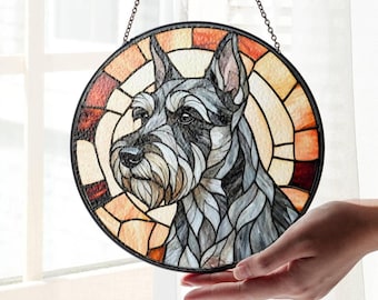 ステンドグラスのシュナウザーサンキャッチャー：手作り犬の肖像画
