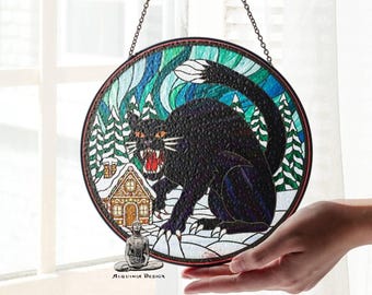 Yule Cat Stained Glass Suncatcher Ornament
