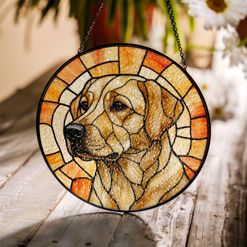 May include: Round stained glass window featuring a golden Labrador Retriever. The dog's portrait is rendered in shades of gold, brown, and amber, with a black metal frame and hanging chain. The glass has a textured appearance, and the design is reminiscent of a traditional stained glass window.