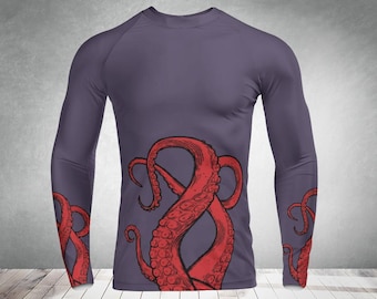Octopus Print Long Sleeve Rash Guard: Activewear Compression Shirt