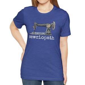 May include: A royal blue t-shirt with a vintage sewing machine graphic and the text "sewcioptah" in white.
