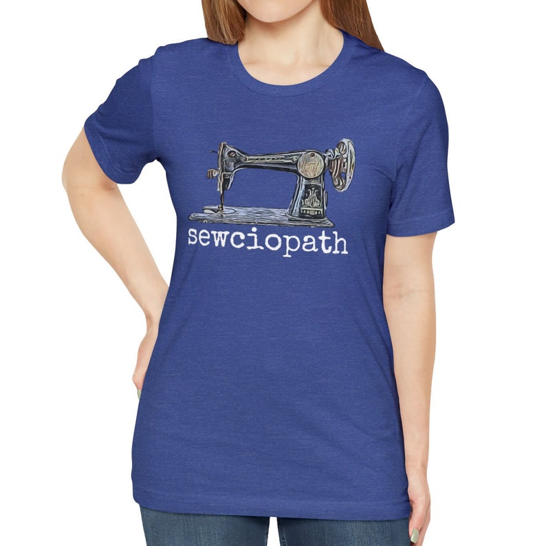 May include: A royal blue t-shirt with a vintage sewing machine graphic and the text "sewcioptah" in white.