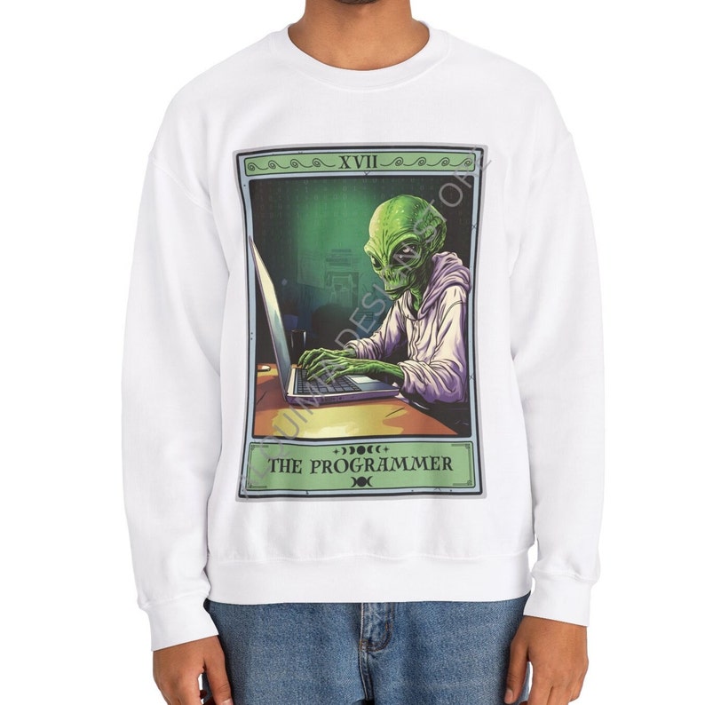 Sweat-shirt programmeur, sweat-shirt carte de tarot programmeur, pull codeur cadeau programmeur extraterrestre, cadeau pour codeur cadeaux Computer Geek White