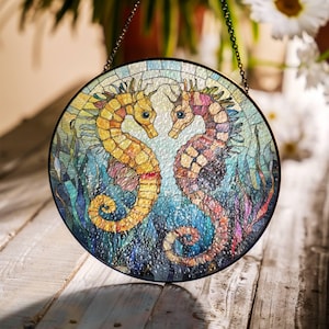 Seahorse Stained Glass Sun Catcher Seahorse Couple LightCatcher Ocean Lover Window Hanging Home Decoration Ocean Lover Gift Sea Life