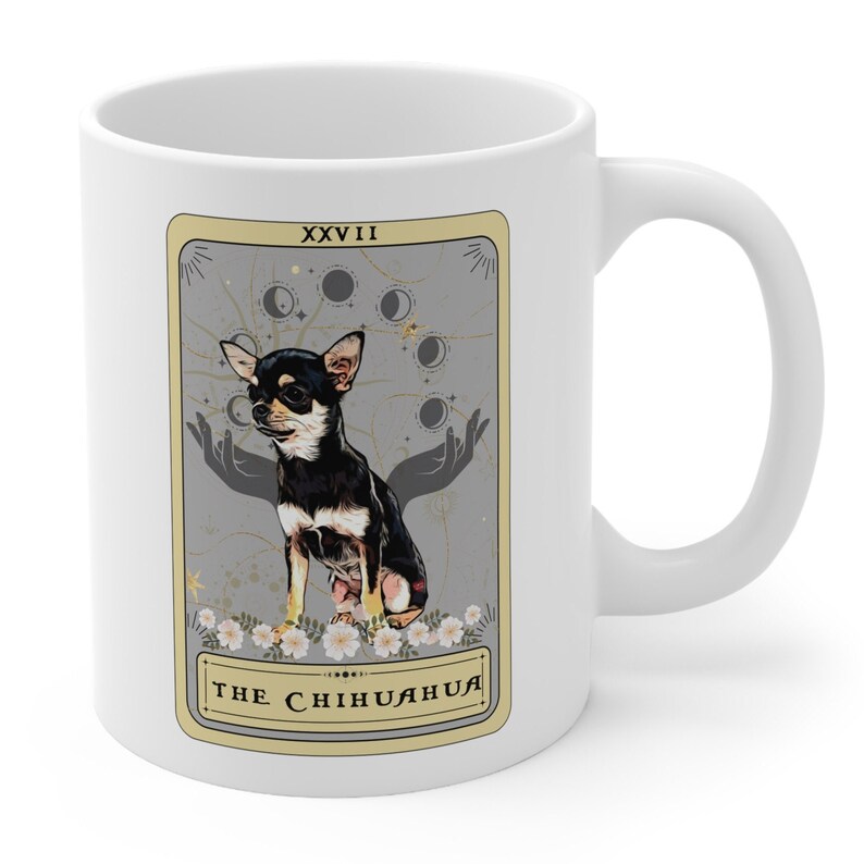 Taza de Chihuahua, taza de tarjeta de Tarot de Chihuahua, regalo de mamá de Chihuahua negro regalos de papá de Chihuahua taza de café amante de Chihuahua regalos de propietario de Chihuahua imagen 3