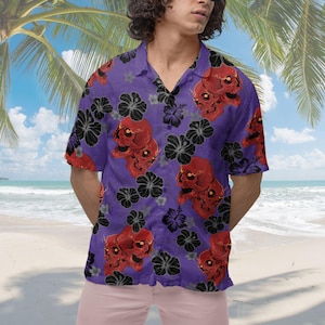 Skull Hawaiian Shirt, Screaming Skull Hibiscus Flower Short-sleeve Hawaiian Shirt Skeleton Shirt