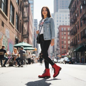 May include: A woman wearing a light blue denim jacket, a white t-shirt, and black jeans with ripped knees. She is wearing red lace-up boots. The background shows a city street with buildings and people.