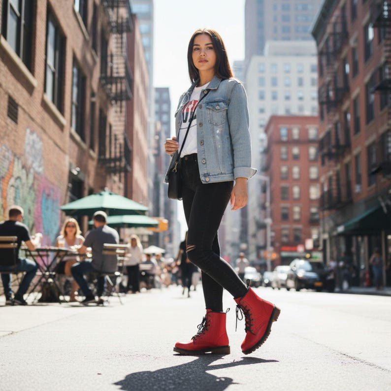 May include: A woman wearing a light blue denim jacket, a white t-shirt, and black jeans with ripped knees. She is wearing red lace-up boots. The background shows a city street with buildings and people.