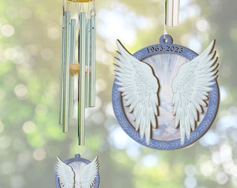 Personalized Memorial Wind Chime: Angel Wings Suncatcher, Remembrance Gift