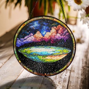 Flat Earth Suncatcher Faux Stained Glass: Conspiracy Theory Window Hanging Design 1