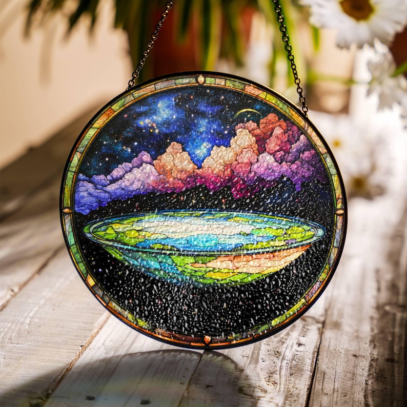 Flat Earth Suncatcher Faux Stained Glass: Conspiracy Theory Window Hanging Design 1