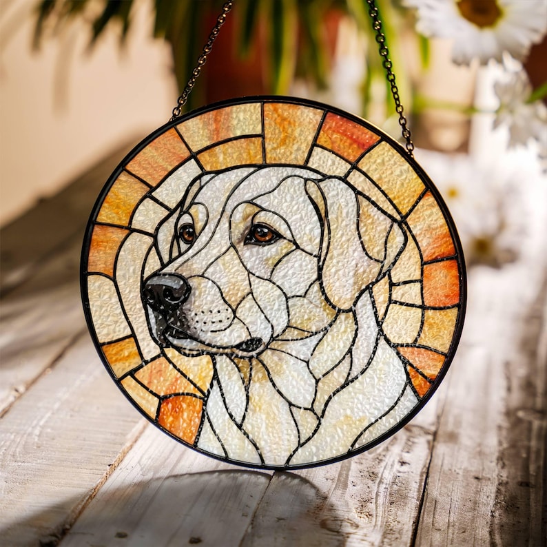 May include: Round stained glass window featuring a Labrador Retriever dog. The dog's head is depicted in shades of cream, beige, and brown, with a black outline. The background has orange and yellow hues. A black chain is attached for hanging.