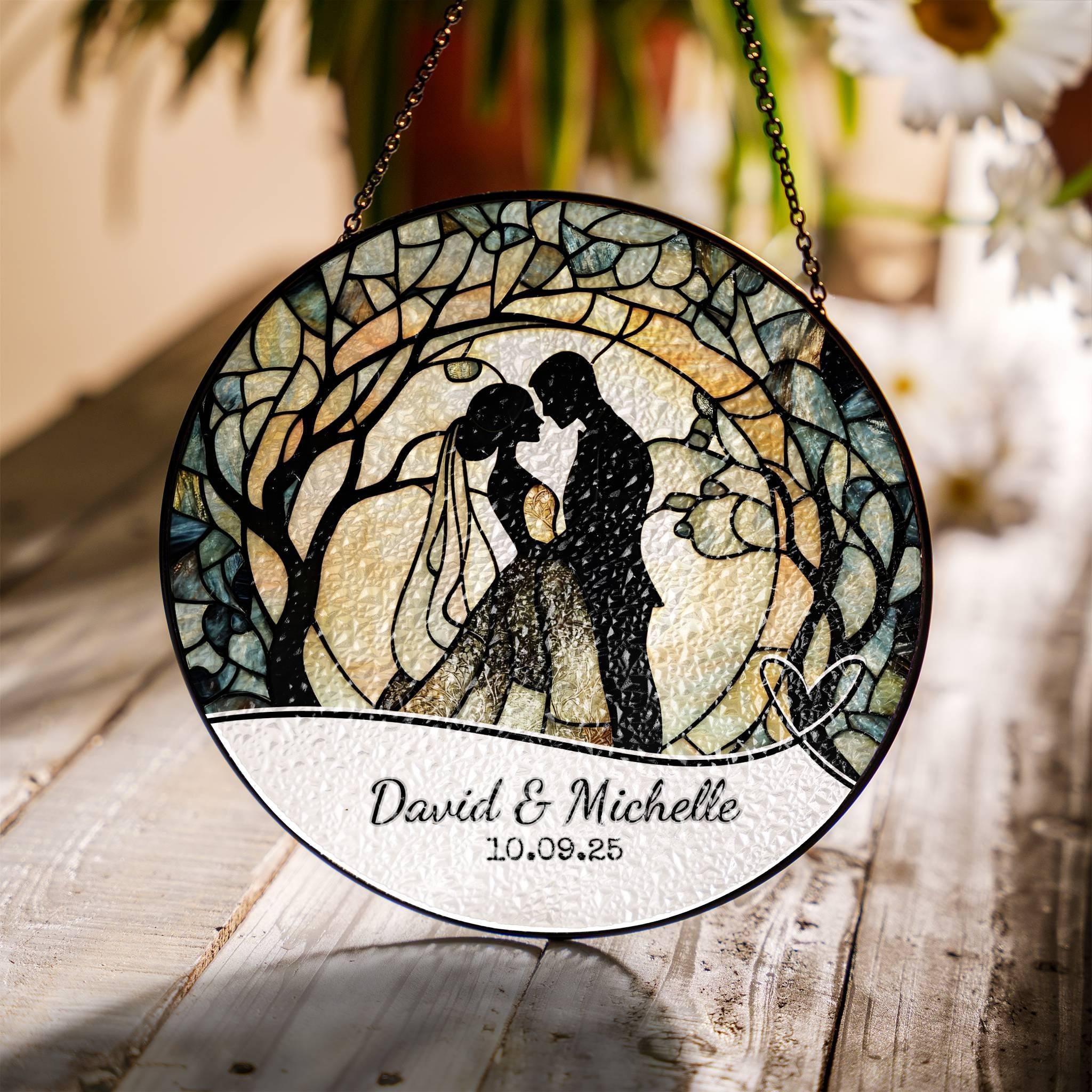 Wedding Gift Stained Glass Sun Catcher Ornament Bride and Groom Ornament Light Catcher Mr & Mrs Couples Gift Bridal Shower Gift for Couple
