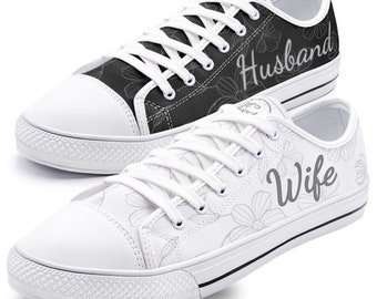 Husband and Wife Matching Shoes, Bride Sneakers Personalized Honeymoon Just Married Bridal Shoes Unisex Canvas Shoes Custom Wedding Shoes