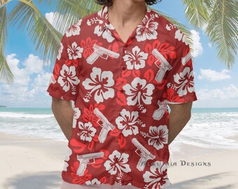 Gun Shirt, Gun Hawaiian Shirt Red New Short-sleeve Button Down Pistol Shirt Gun Lover Gift 2nd Amendment