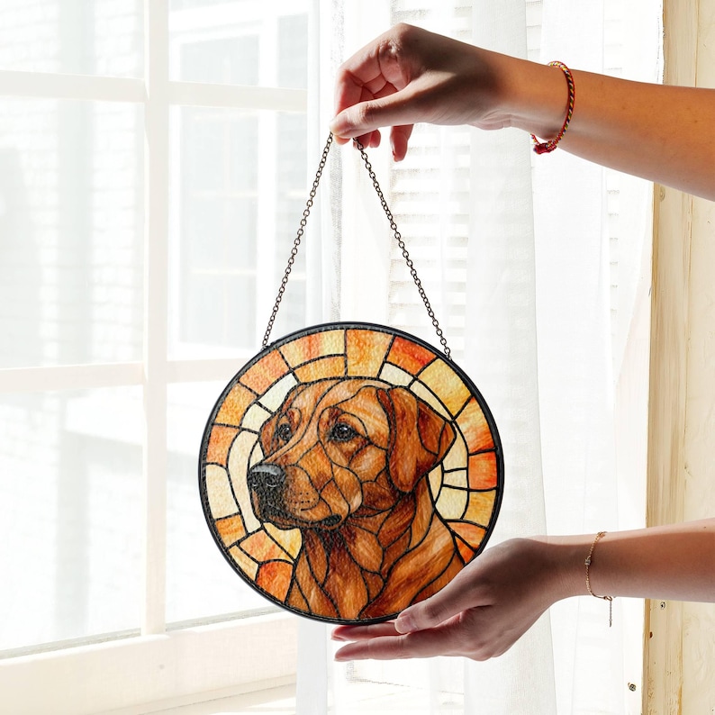 May include: Round stained glass window art featuring a brown dog. The dog's portrait is set within a circular design with a black border and a chain for hanging. The glass has shades of orange, yellow, and brown.