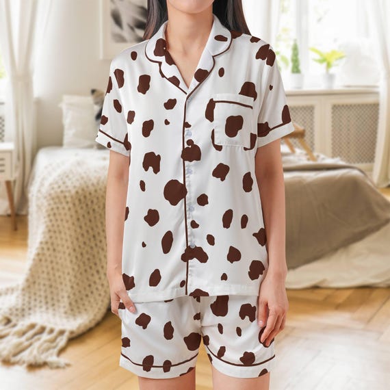 Brown Dalmatian Pajama Set Short Sleeves, Dalmation Print Woman's