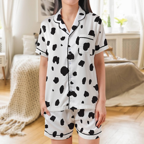 Brown Dalmatian Pajama Set Short Sleeves, Dalmation Print Woman's