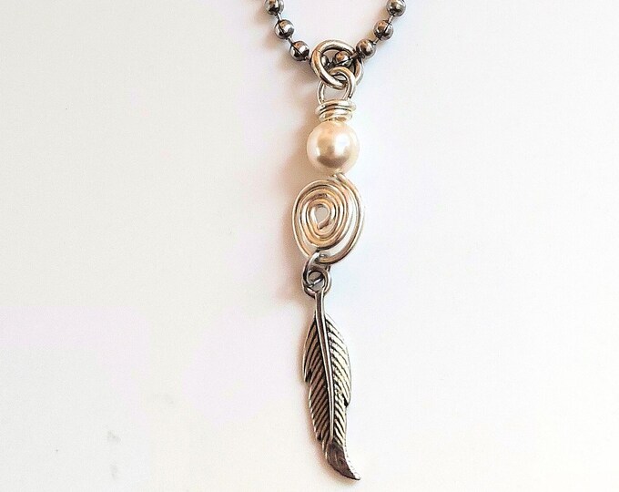 Silver-fill Spiral, Swarovski Crystal Pearl and Sterling Silver Feather Pendant Necklace