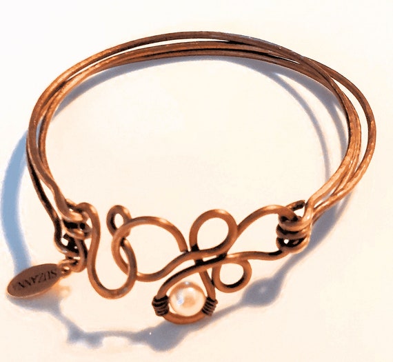 Vintage Bronze Bangle Bracelet: Cream Rose Swarovski Pearl Clasp