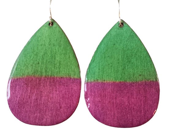 Soft Green & Fuchsia Watercolors on Wood and Resin Earrings