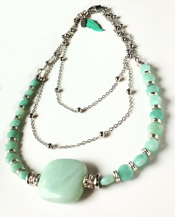 Three-Strand Amazonite Pendant & Faceted Coin Beads With Stainless Steel Satellite Chains Necklace