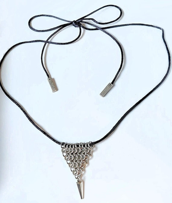 Stainless Steel Chain Maille Leaf/Half-Diamond Pendant w/Silver Spike & Bolo Tie Necklace