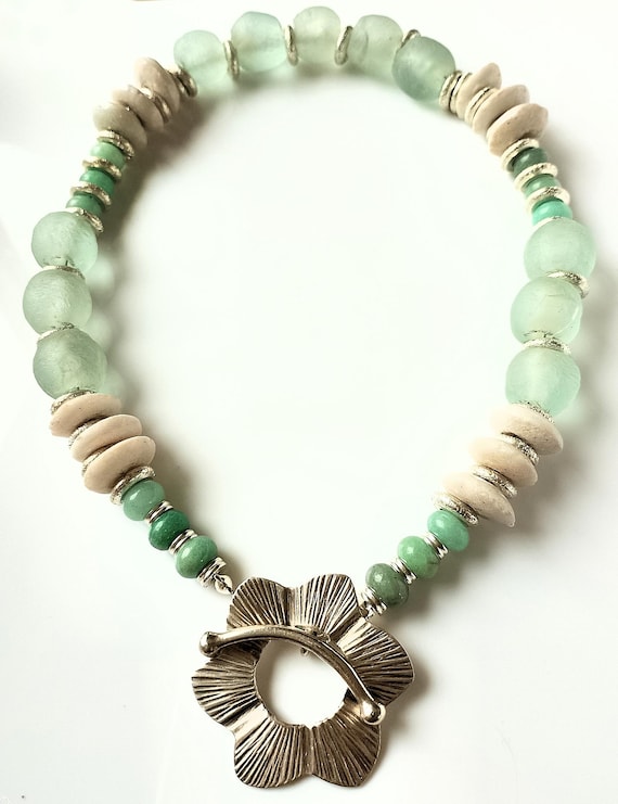 African Ashanti & Krobo Recycled Glass Beads with Amazonite Rondelles Choker Necklace