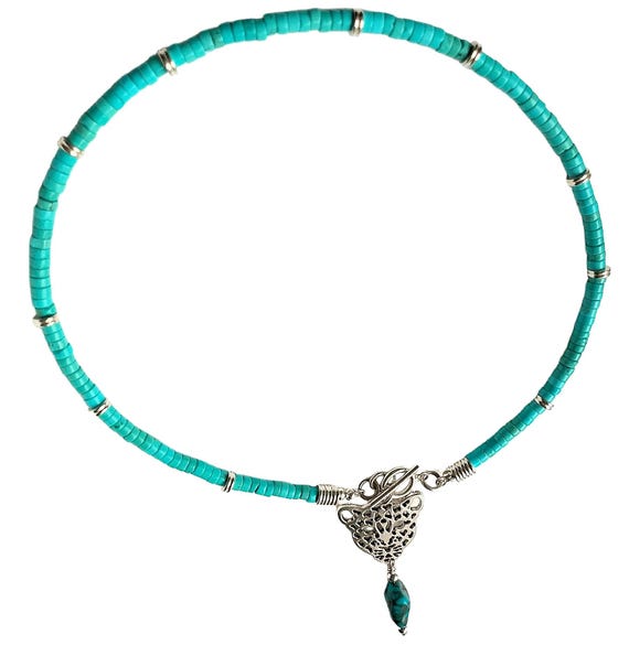 Silver Leopard Pendant Necklace: Turquoise Heishi Beads, Sterling Silver Toggle