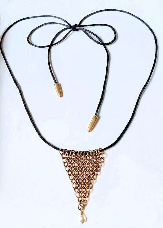 Twisted Brass Chain Maille Leaf Pendant Necklace with Cream Rose Swarovski Pearl Drop