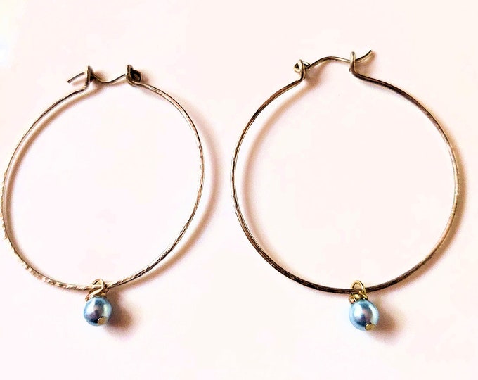 Silver-Filled Large Hoop Earrings with Light Blue Swarovski Crystal Pearl