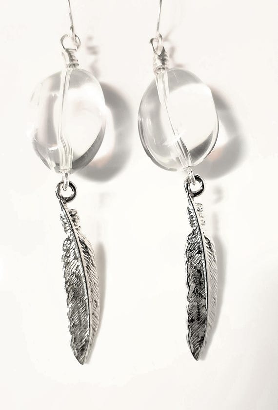 Clear Rock Crystal Quartz Earrings with Sterling Silver-Plated Pewter Feather Drop
