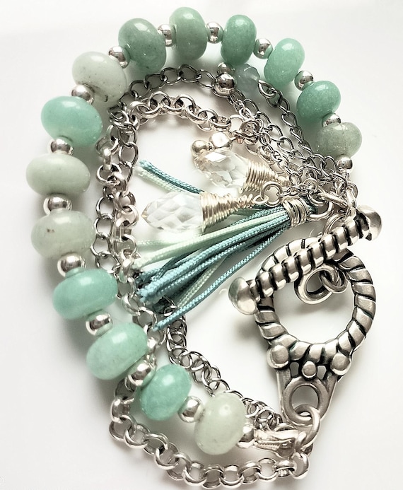 Amazonite Rondelle Bead & Two Chains and Charm Cluster Three-Strand Bracelet