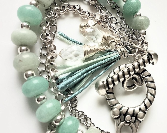 Featured listing image: Amazonite Rondelle Bead & Two Chains and Charm Cluster Three-Strand Bracelet