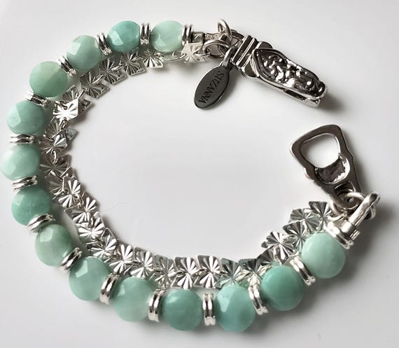 Amazonite Faceted Coin Bead & Sterling Silver Butterfly Chain Two-Strand Bracelet