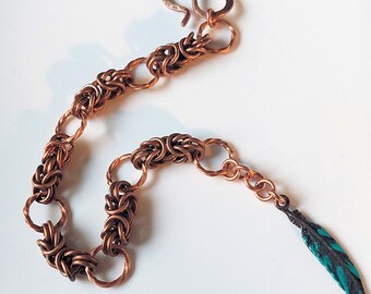 Copper Byzantine Chain Maille Bracelet w/Feather Charm