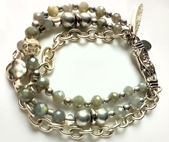 Labradorite Silver Three-Strand Bracelet: Czech Glass Beads, Sterling Silver