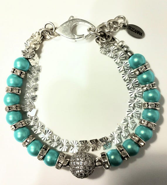 Turquoise Czech Glass Pearl Bracelet: Sterling Silver Butterfly Chain, Rhinestone Pave
