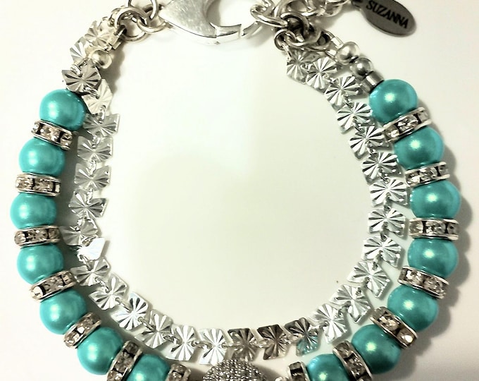 Featured listing image: Iridescent Turquoise Green Czech Glass Pearls, Rhinestones, Dazzling Pave Focal & Sterling Silver Butterfly Chain Two-Strand Bracelet