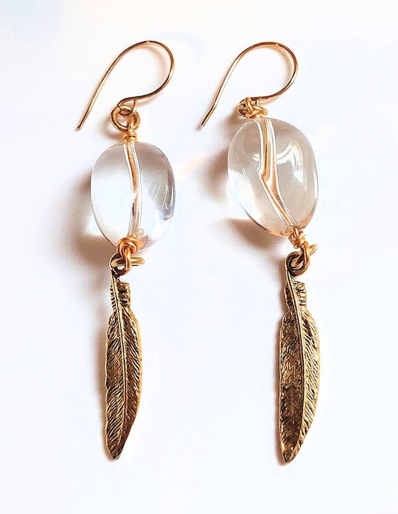 Clear Crystal Quartz & Golden Feather Earrings