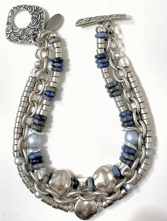 Denim Lapis Lazuli & Silver Heishi Three-Strand Bracelet