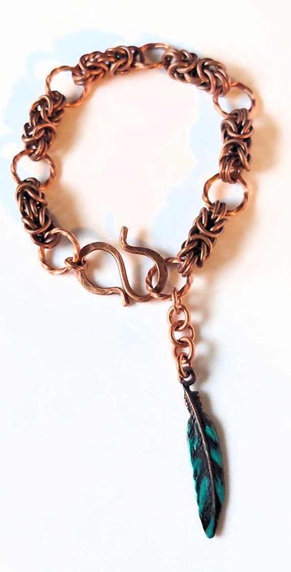 Copper Byzantine Chain Maille Bracelet w/Feather Charm