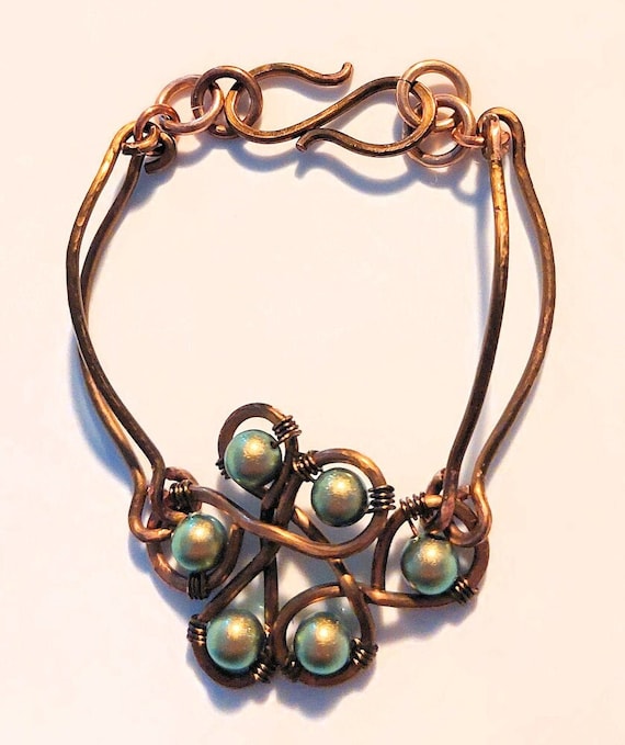 Vintage Bronze Wire Double Bangle with Six Iridescent Chartreuse Green Swarovski Pearl Bracelet OOAK