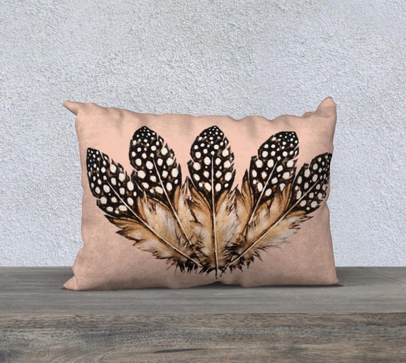 Five Spotted Feathers on Antique Coral Velveteen 20" x 14"  Pillow Cover
